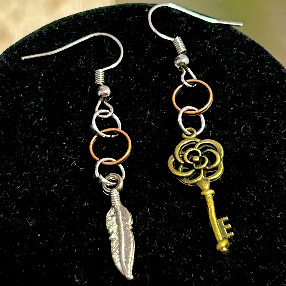 Mismatched Earrings Feather and Rose Key Silver and Gold Tone Handmade
